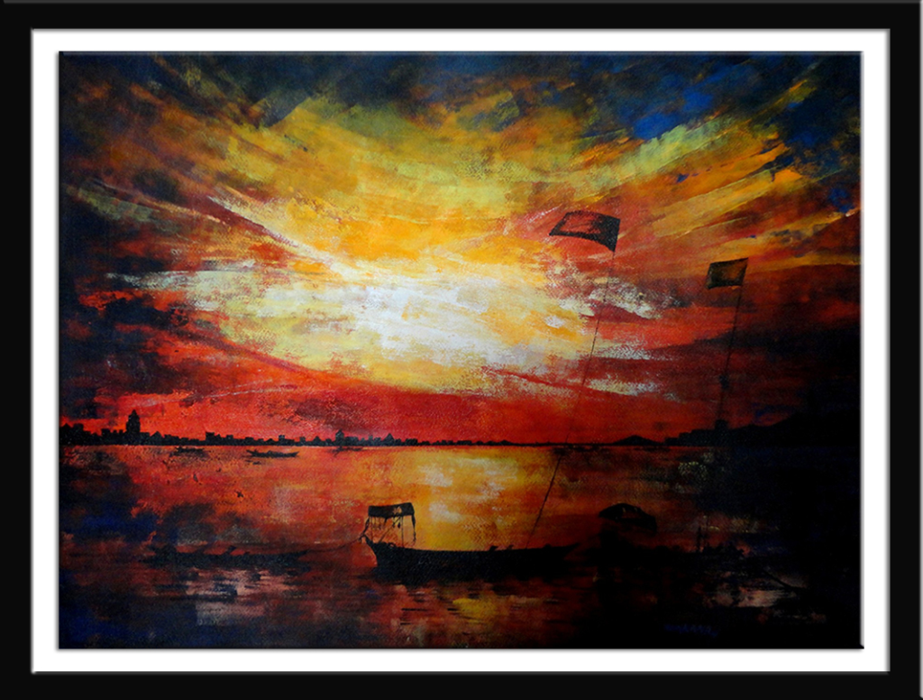 Beautiful take on the Sunset on the river Ganges based on mixed media on paper Size(Inch): 26 L x 20 H by Kankana Pal